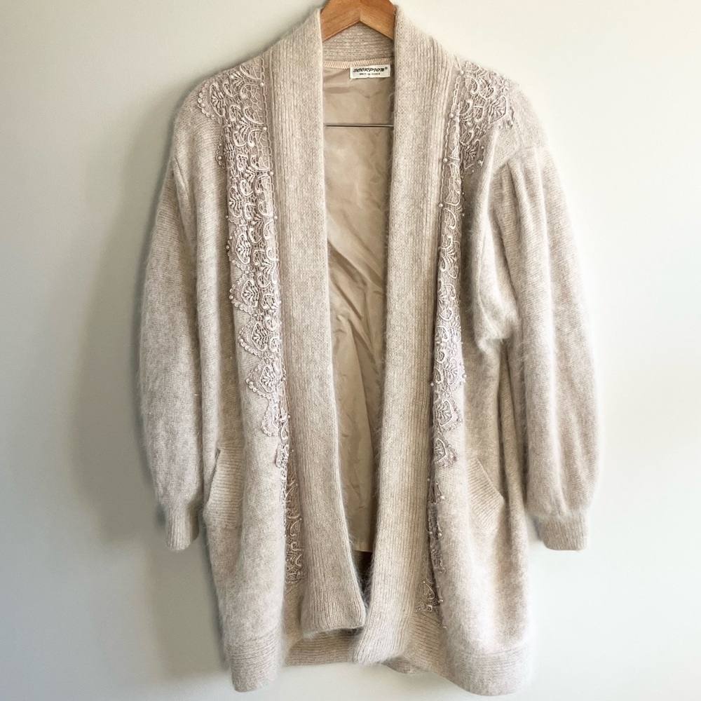 Vintage Korean made angora cardigan beaded embroidered rare open front longline
